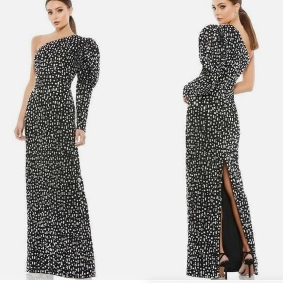 MAC DUGGAL 10768 ONE SHOULDER PUFF SLEEVE BLACK/SILVER GOWN sz 8 - Picture 1 of 3
